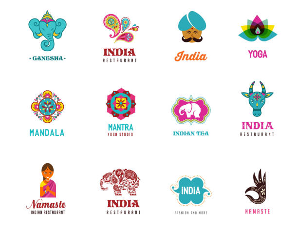 illustrazioni stock, clip art, cartoni animati e icone di tendenza di india-gruppo di icone indiano. ganesh, loto, elefante - indian symbol
