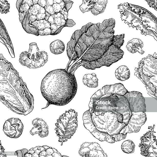 Vegetable Drawing Seamless Vector Pattern Farm Market Products Stock Illustration - Download Image Now