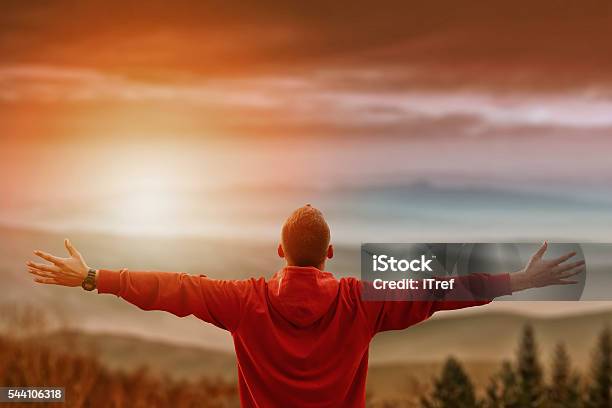 Man With Arms Spread Looking At Mountains Stock Photo - Download Image Now - Freedom, Men, Arms Outstretched