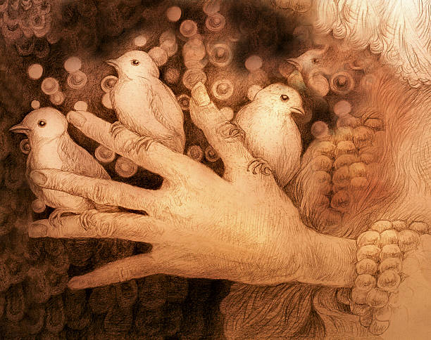 istock three little birds sitting on fingers of hand, monochromatic drawing 544108486
