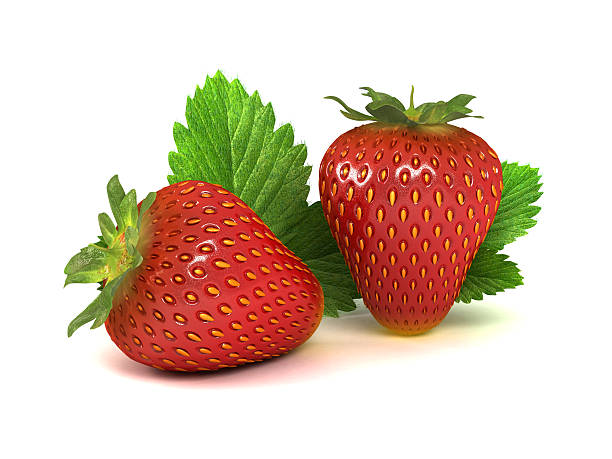 istock Two red ripe strawberries and green leaves on a white. 544112860