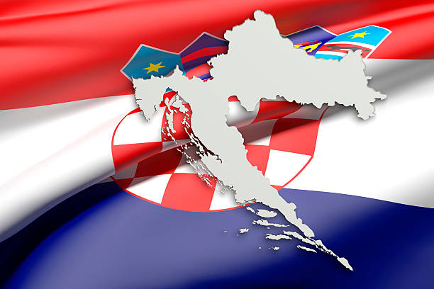 3d rendering of Croatia map and flag on background.