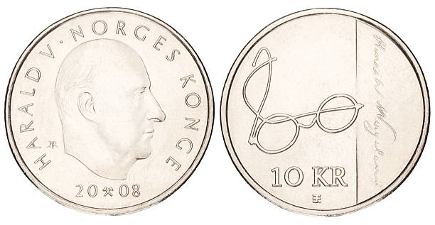 Ten Norwegian Krones coin on white background with clipping path