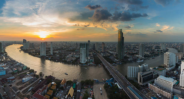 istock Panorama, aerial view Bangkok river curved with sunset background 544122950