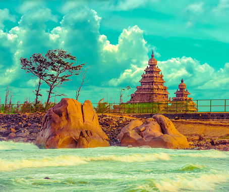 fantastic art design of beautiful landscape  monolithic famous Shore Temple near Mahabalipuram and Indian ocean in Tamil Nadu, India