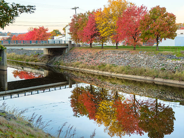 los árboles de otoño por codorus creek en york, pensilvania - york pennsylvania fotografías e imágenes de stock