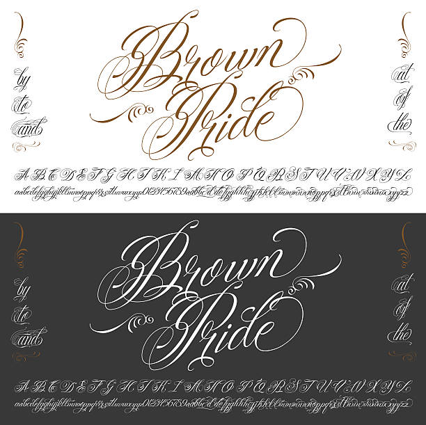 Brown Pride tattoo typescript big set Handmade vector calligraphy tattoo alphabet with numbers tattoo fonts stock illustrations