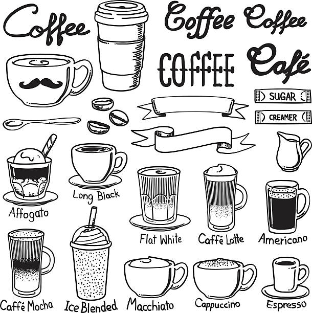 ilustraciones, imágenes clip art, dibujos animados e iconos de stock de café conjuntos de iconos - coffee