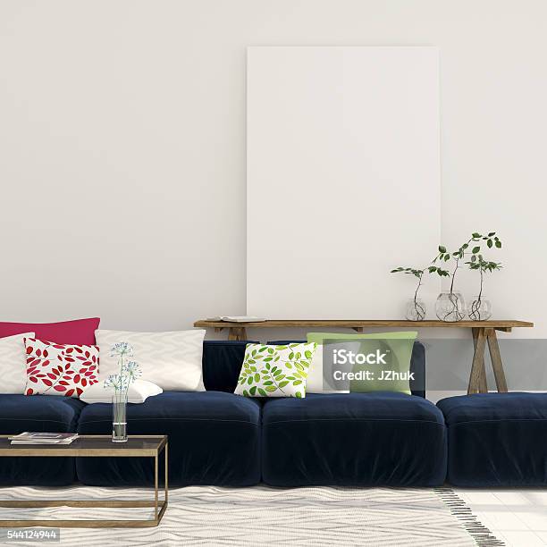 Blue Sofa And A Wooden Console With A Canvas Stock Photo - Download Image Now - Domestic Room, Blue, Red