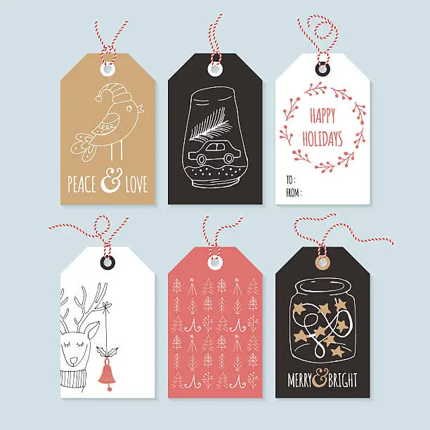 Vector illustration of Christmas hand drawing gift tag set. Isolated vector