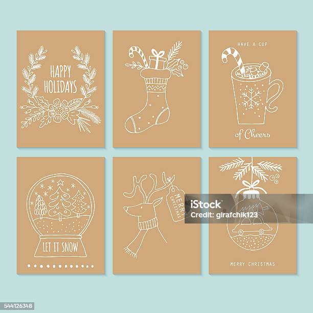 Christmas Hand Drawing Greeting Card Set On Brown Paper Stock Illustration - Download Image Now