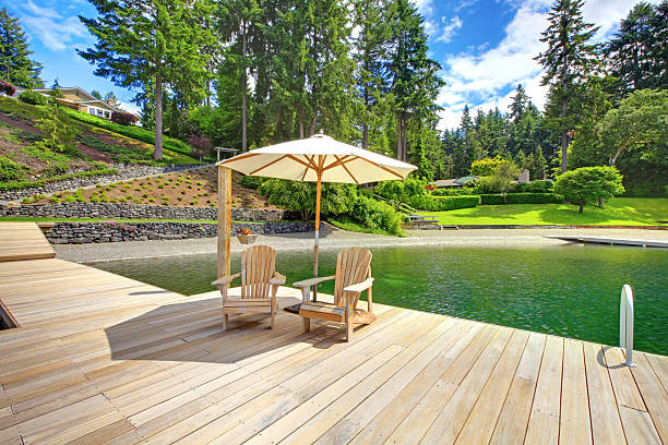 istock Two adirondack wooden chairs with umbrella 544127064