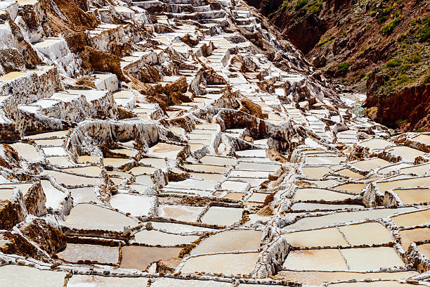 Salt evaporation ponds of Maras, Peru.  Maras is a town in the Sacred Valley of the Incas in the Cuzco Region of Peru. The evaporation ponds have been in use since before Inca times. The salt-evaporation ponds are up-slope, less than a kilometer west of the town.