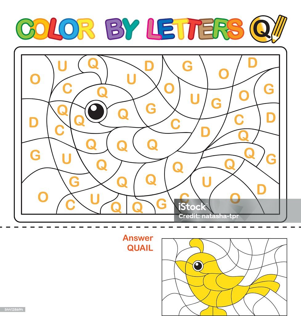 Puzzle for kids. Color by letters. Vector coloring book for children. We study capital letters of the English alphabet. Letter Q. Quail Leisure Games stock vector
