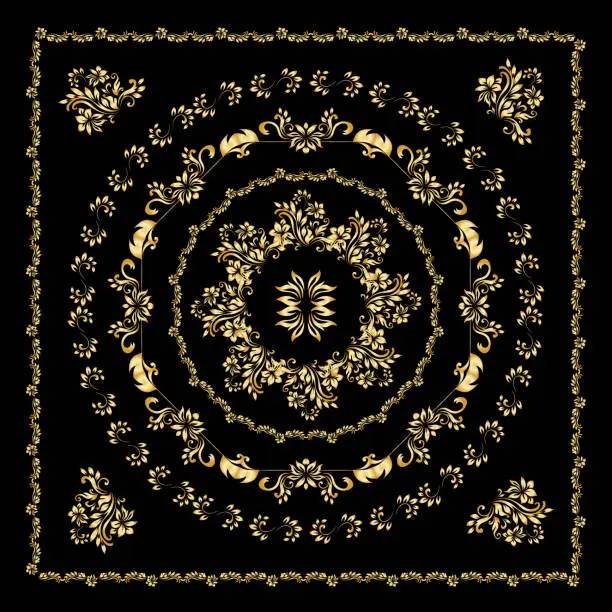 Vector illustration of Gold bandana silk scarf.