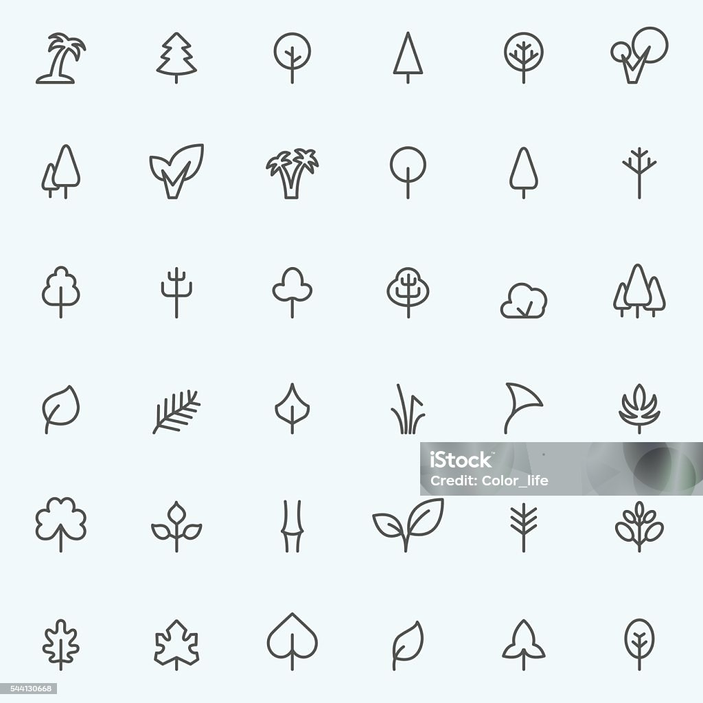 Set of 36 Tree and leaf icons. Tree and leaf icons, simple and thin line design Tree stock vector