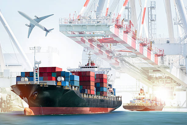 Container Cargo ship and Cargo plane with working crane Container Cargo ship and Cargo plane with working crane bridge in shipyard background, logistic import export background and transport industry. customs officer stock pictures, royalty-free photos & images