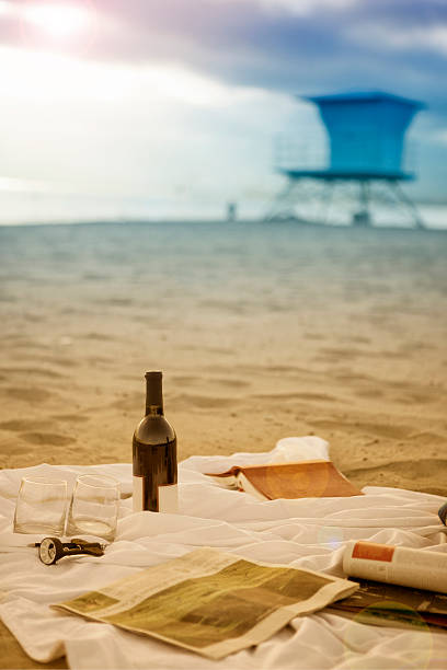 istock picnic blanket on sandy beach at sunset 544132294