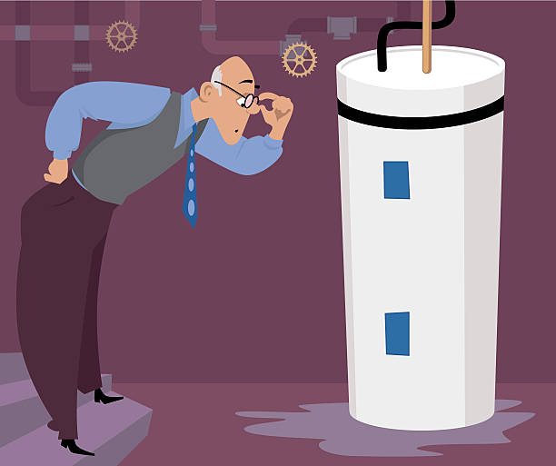 Water heater leak Concerned man looking at a puddle of water, leaking from a water heater, EPS 8 vector illustration flooded home stock illustrations