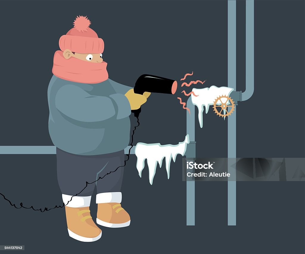 Frozen pipes A person attempting to unfreeze frozen water pipes with a hair dryer, EPS 8 vector illustration, no transparences Pipe - Tube stock vector