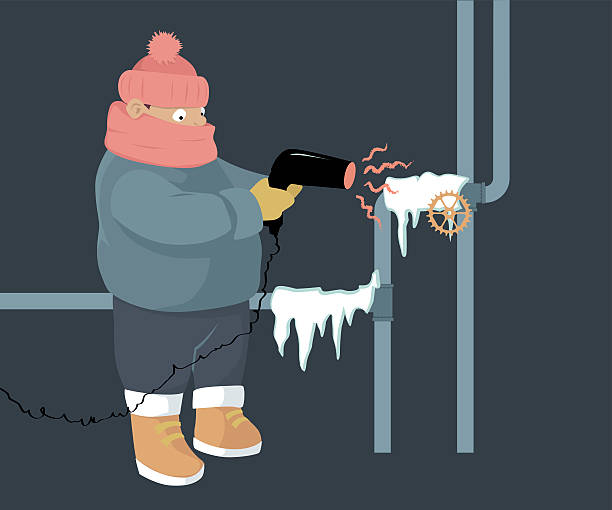 Frozen pipes A person attempting to unfreeze frozen water pipes with a hair dryer, EPS 8 vector illustration, no transparences frozen water stock illustrations