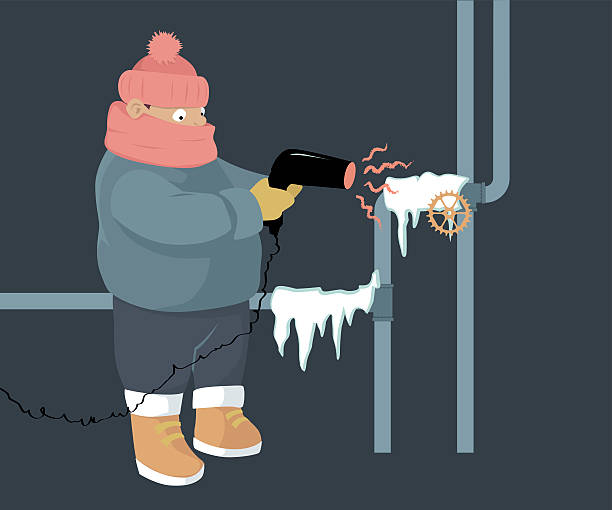 Frozen pipes A person attempting to unfreeze frozen water pipes with a hair dryer, EPS 8 vector illustration, no transparences faucet leaking pipe water stock illustrations