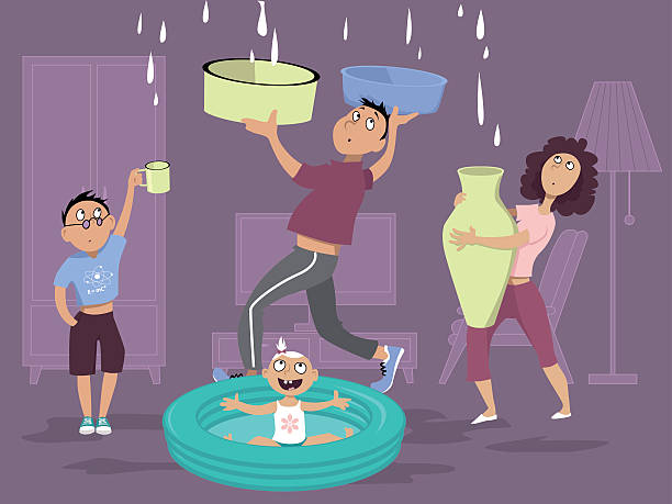 Leaky ceiling Family dealing with a water leak in the ceiling, EPS 8 vector illustration, no transparencies ceiling illustrations stock illustrations