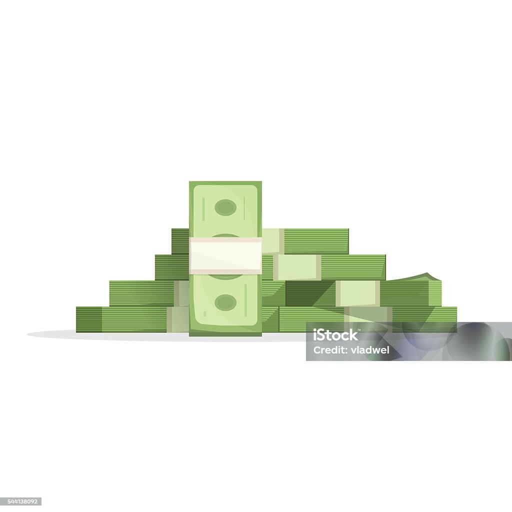 Big money pile vector, heap of cash flat cartoon isolated Big pile of money vector illustration, heap of cash flat cartoon style, American dollars, pack, packet, parcel, batch, flock, package modern design isolated on white background Currency stock vector