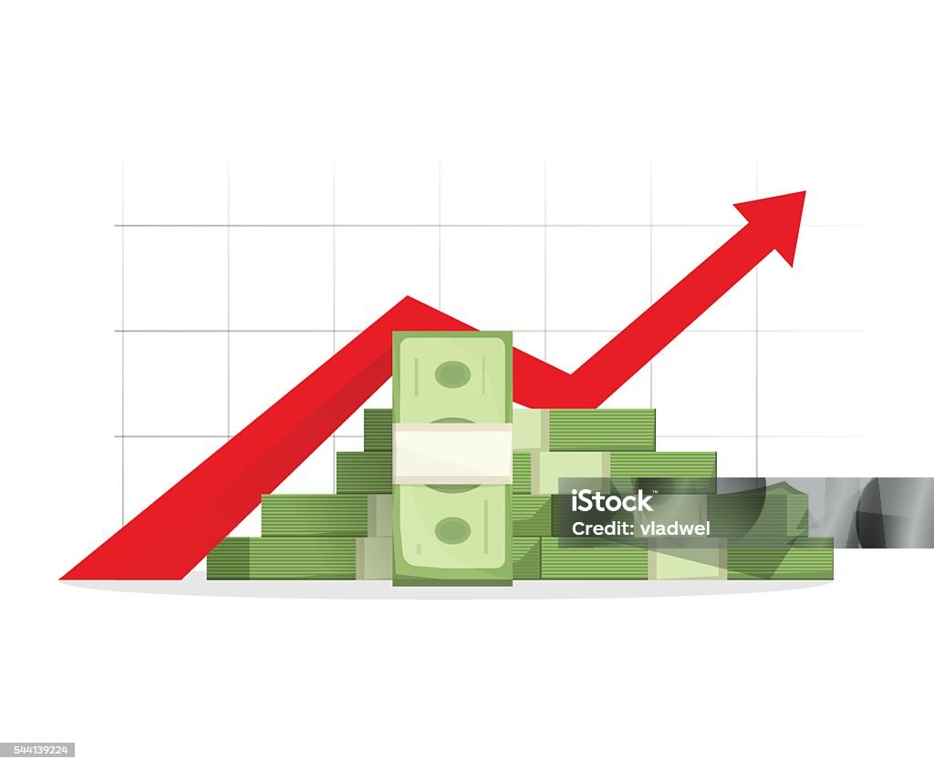 Money rising up graph arrow, budget growth, financial profit cash Pile of cash with red rising graph with upward arrow vector illustration, concept of business success, financial growth diagram, aim reaching, analytics, report presentation symbol, isolated on white Currency stock vector