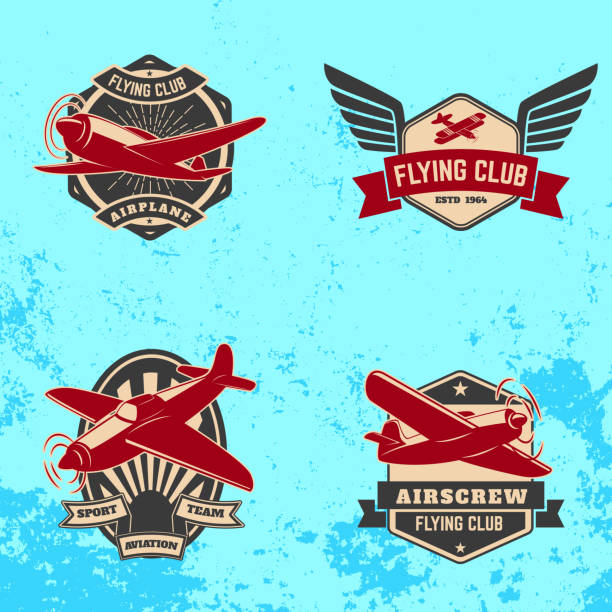 ilustrações, clipart, desenhos animados e ícones de conjunto de aeroclube e rótulos emblemas no fundo do grunge. - airplane biplane retro revival old fashioned