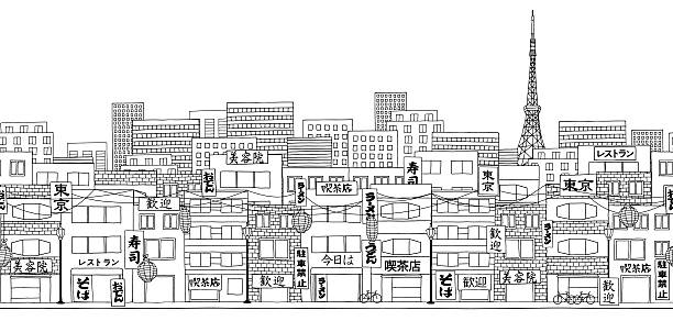 Seamless banner of Tokyo's skyline Tokyo, Japan - Seamless banner of Tokyo's skyline, hand drawn black and white illustration with signs saying "Tokyo", "coffee house", sushi", "noodles" , "welcome" etc. tokyo streets stock illustrations
