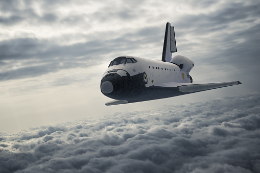 Space Shuttle Landing Over The Clouds. 3D Illustration.