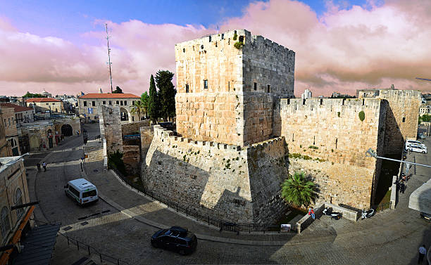 Jerusalem, Israel - May 21, 2015: Ariel view of David's Tower and the city below, within the Old City walls of Jerusalem, Israel.