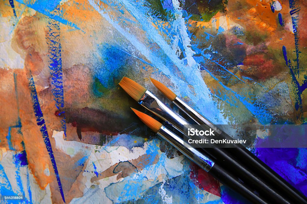 Closeup of brushes and palette. Art Museum Stock Photo