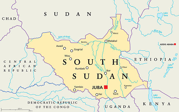 South Sudan Political Map South Sudan political map with capital Juba, national borders, important cities, rivers and lakes. Illustration with English labeling and scaling. south sudan stock illustrations