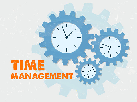 time management with clock signs - business organizing concept words and symbols - red text and blue grunge flat design gear wheels