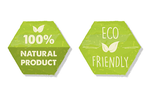 100 percent natural and eco friendly with leaf sign in green hexagons labels, bio ecology concept