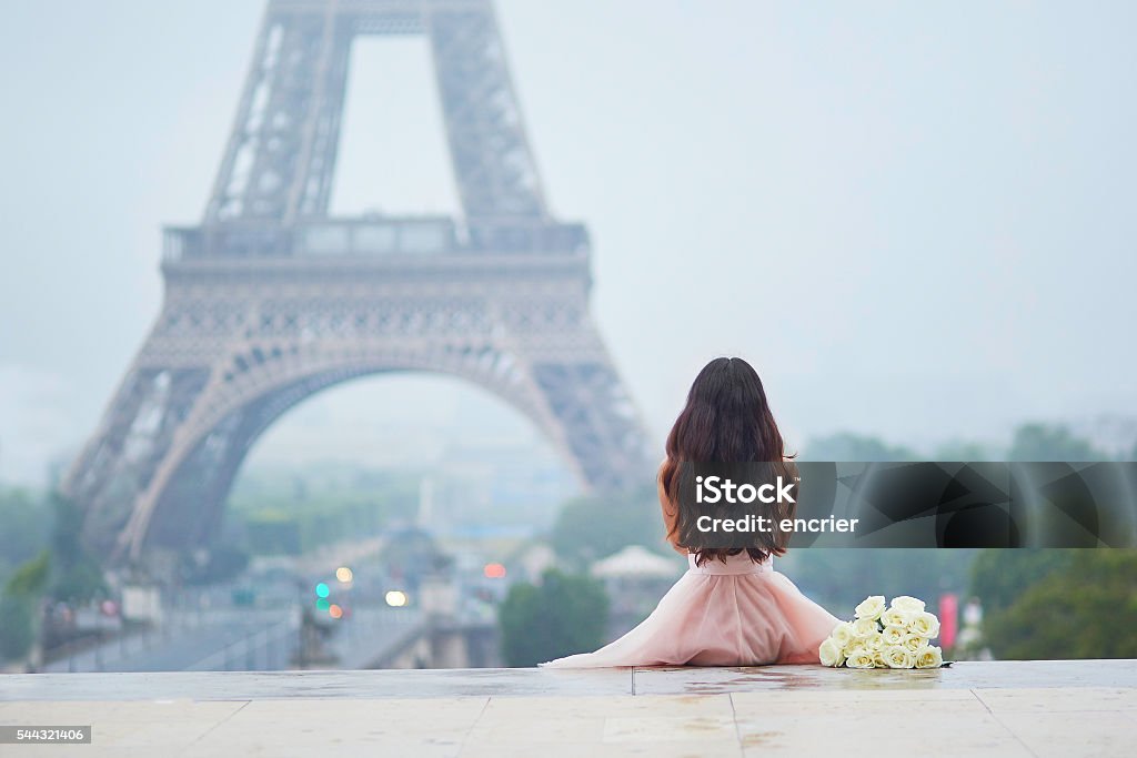 Parisian woman in front of the Eiffel tower Elegant Parisian woman in pink tutu dress with white roses sitting near the Eiffel tower at Trocadero view point in Paris, France, back view Paris - France Stock Photo