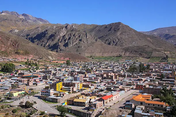 View of Chivay town from overlook, Peru. Chivay town is the capital of Caylloma province.