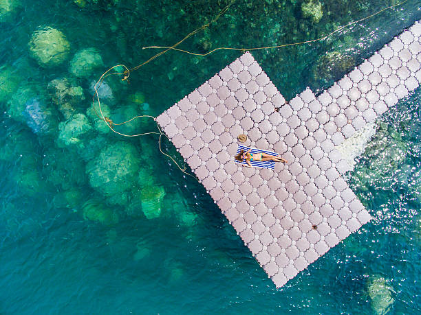 istock Woman on pontoon bridge aerial view 544326598