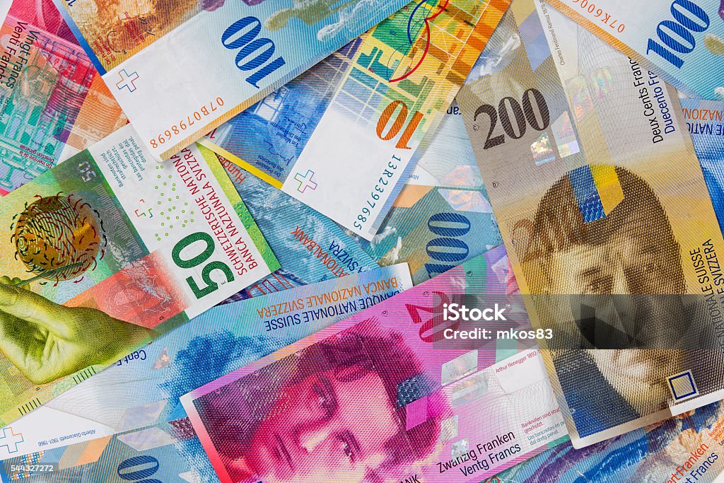 Swiss franc banknotes as background Business background made of swiss franc banknotes Swiss Currency Stock Photo