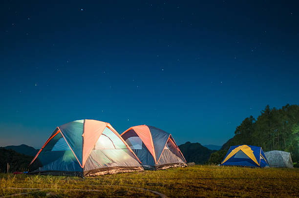 istock Camping tent glows under a night sky full of stars. 544329274