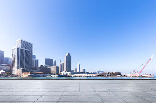 cityscape and skyline of downtown of san francisco in sunny day on view from empty floor