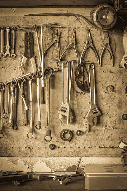 istock Old tool shelf against a wall vintage style 544334140