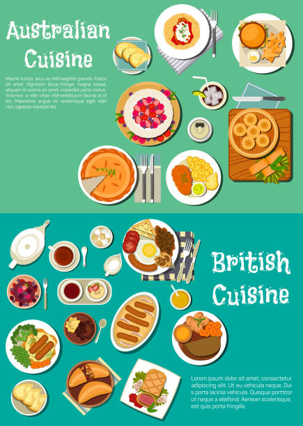 typische spezialitäten der britischen und australische küche - kartoffelknödel essen stock-grafiken, -clipart, -cartoons und -symbole