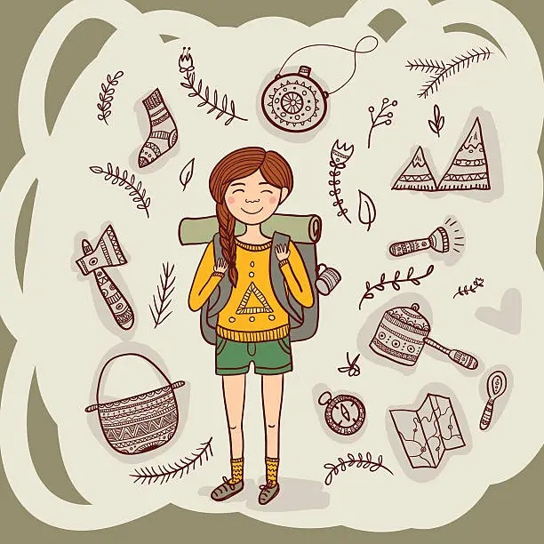 Vector illustration of Girl hiker with camping equipment in ethnic ornate style.