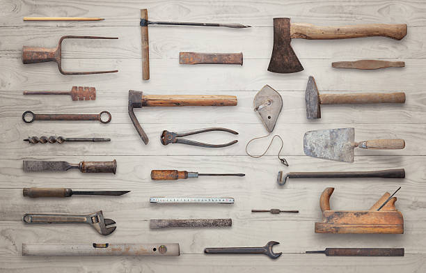 istock Old tools on wooden table. Traditional handmade tools for craftsmen. 544340620
