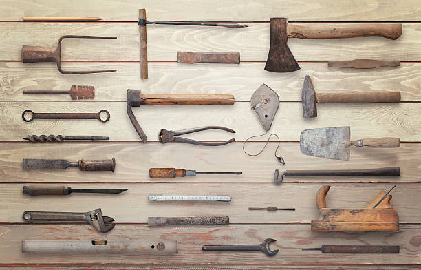 istock Old tools on wooden table. Traditional handmade tools for craftsmen. 544340628