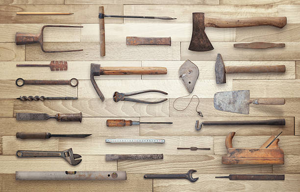 istock Old tools on wooden table. Traditional handmade tools for craftsmen. 544340672