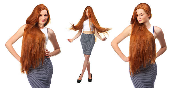 Redhead girl with strong shiny hair advertising cosmetics. Beauty care. Portrait of girl with perfect skin. Strong shiny hair. Woman advertising cosmetics with beauty face rejuvenation. Hair coloring